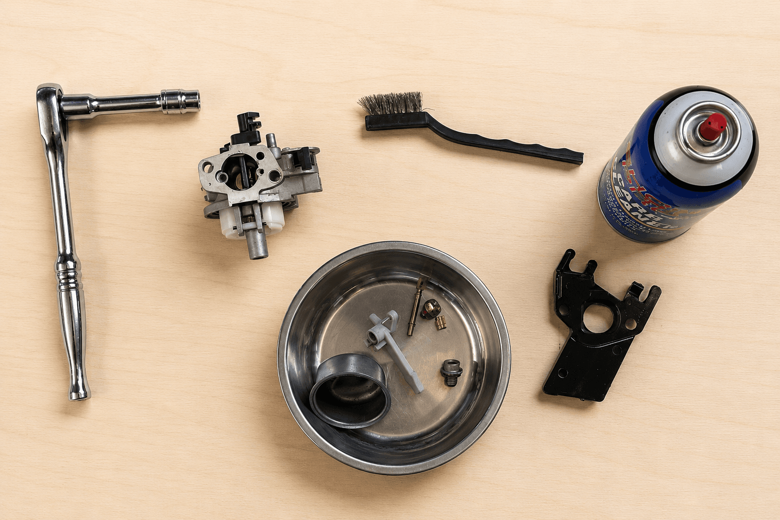 Small-engine repair tools and a disassembled carburetor laid out on the workbench